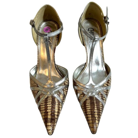Carlos Santana Taupe and Silver T-Strap Revenge Heels Size 8 M Pointed Toe - Picture 3 of 9